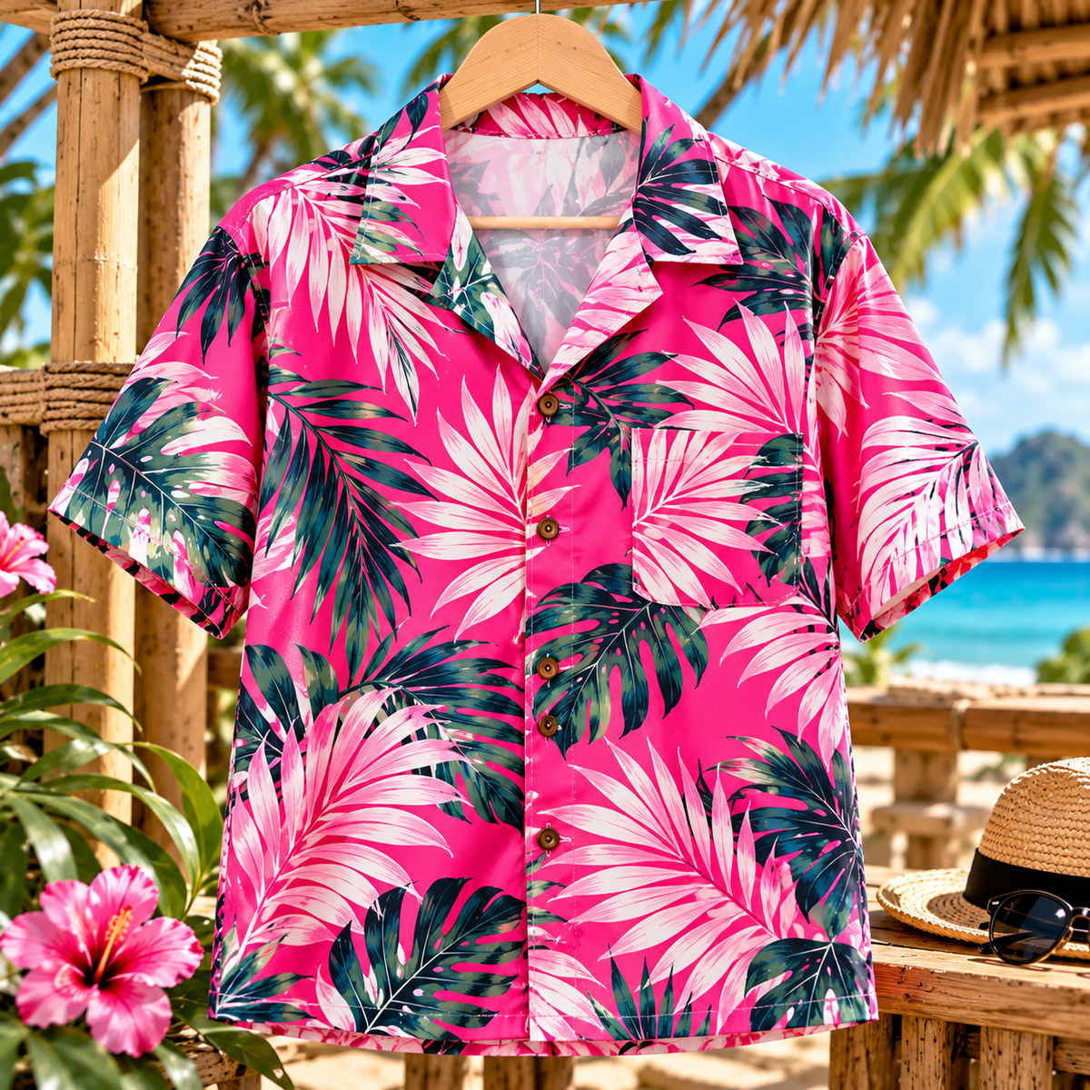 Hawaiian Shirts  ใบปาล์ม สีชมพูฟูเชีย