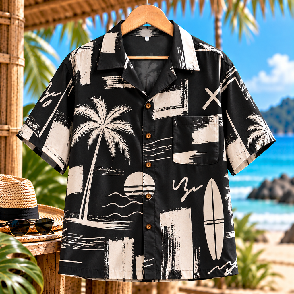 Hawaiian Shirts  สีดำลายกราฟฟิก
