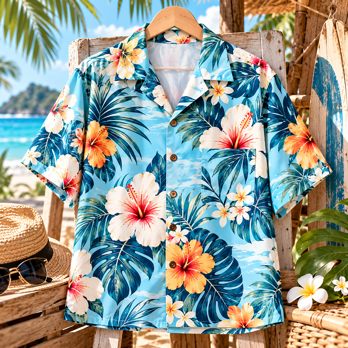 Floral Hawaiian Shirts  สีฟ้าทะเล