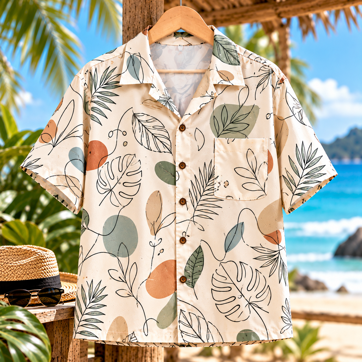 Hawaiian Shirts  ลายเส้นเดี่ยว (One-line Art) รูปใบไม้เล็กๆ