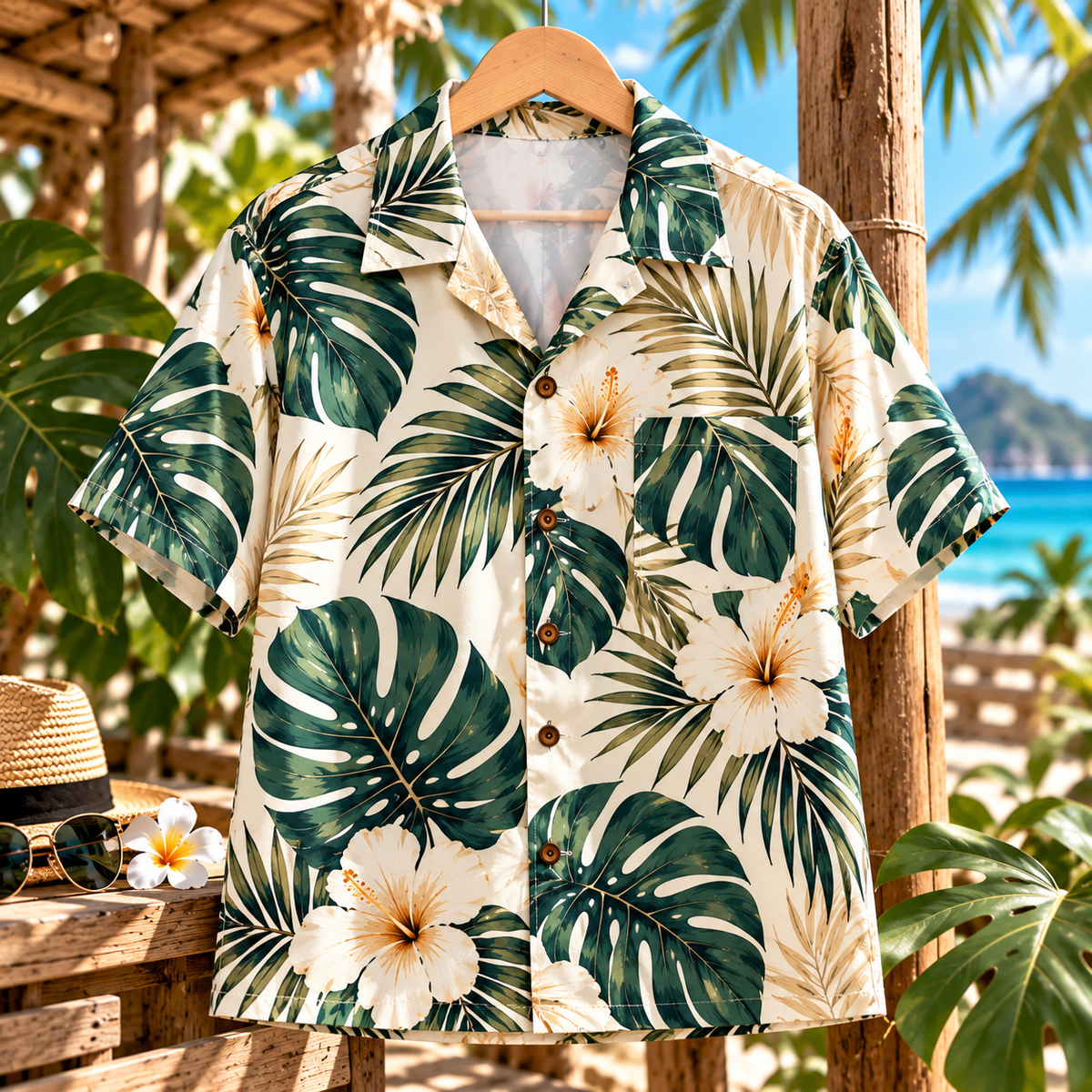 Hawaiian Shirts  ใบมอนสเตอร่า สีครีม